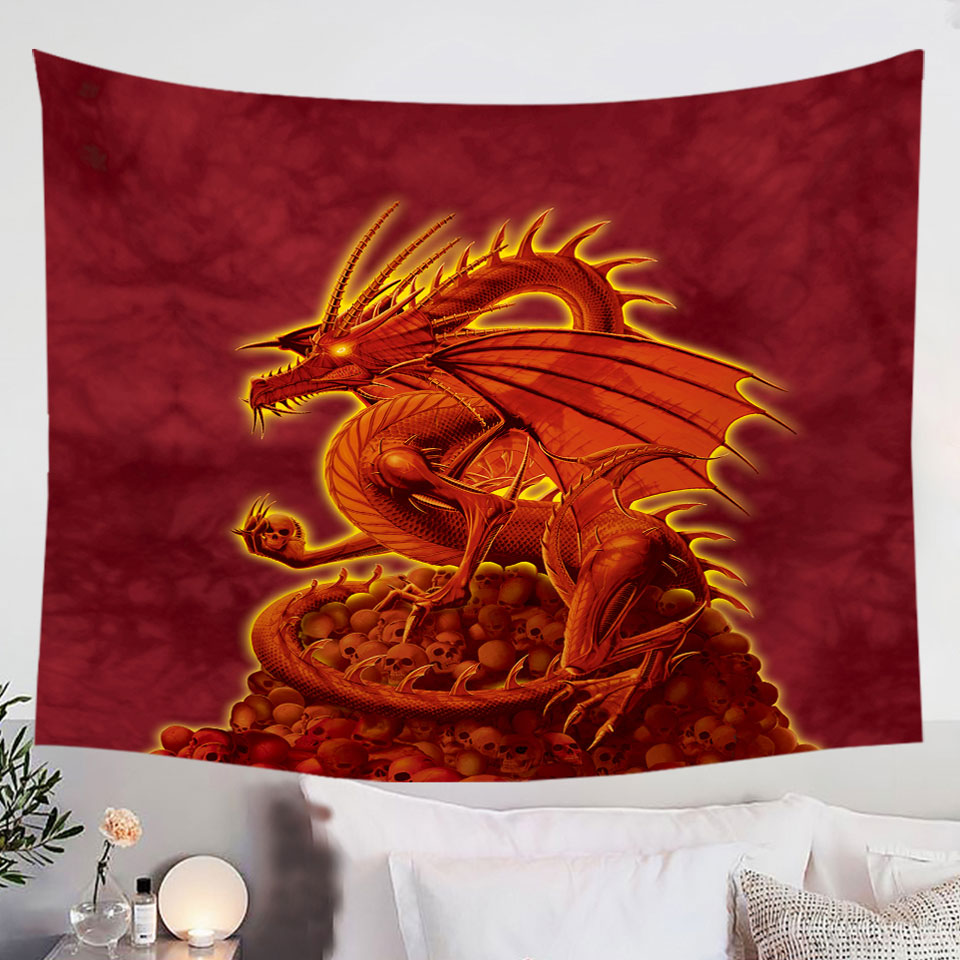 Fantasy-Art-Scary-Human-Skulls-Red-Dragon-Wall-Decor-Tapestry