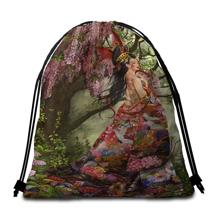 Fantasy Art Silk the Japanese Garden Fairy Beach Bags and Towels