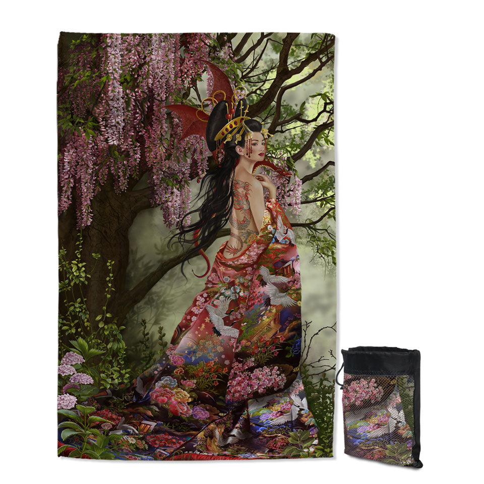 Fantasy Art Silk the Japanese Garden Fairy Beach Towels