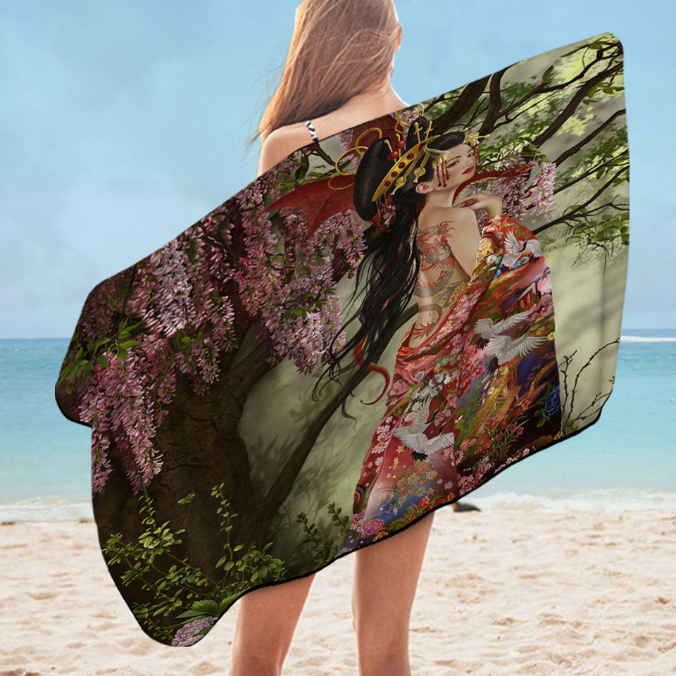 Fantasy Art Silk the Japanese Garden Fairy Microfiber Beach Towel