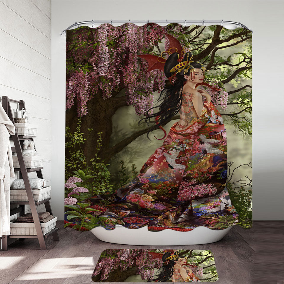 Fantasy Art Silk the Japanese Garden Fairy Shower Curtain for Sale