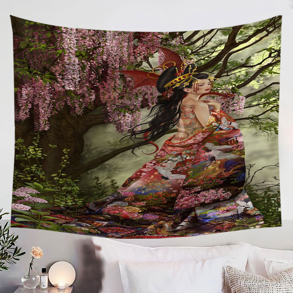 Fantasy-Art-Silk-the-Japanese-Garden-Fairy-Tapestry-Wall-Decor-Fabric