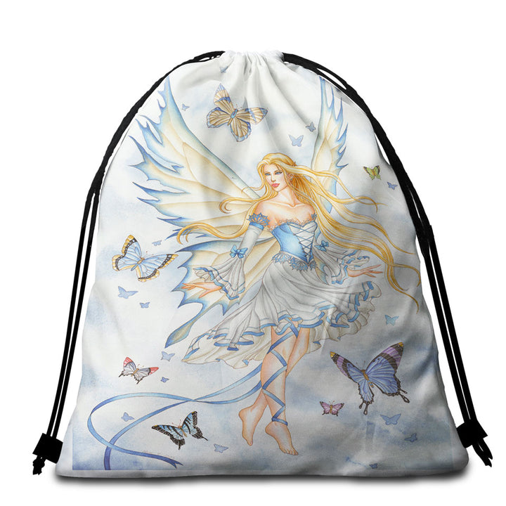 Fantasy Art Sky Blue Fairy and Butterflies Beach Towel Bags