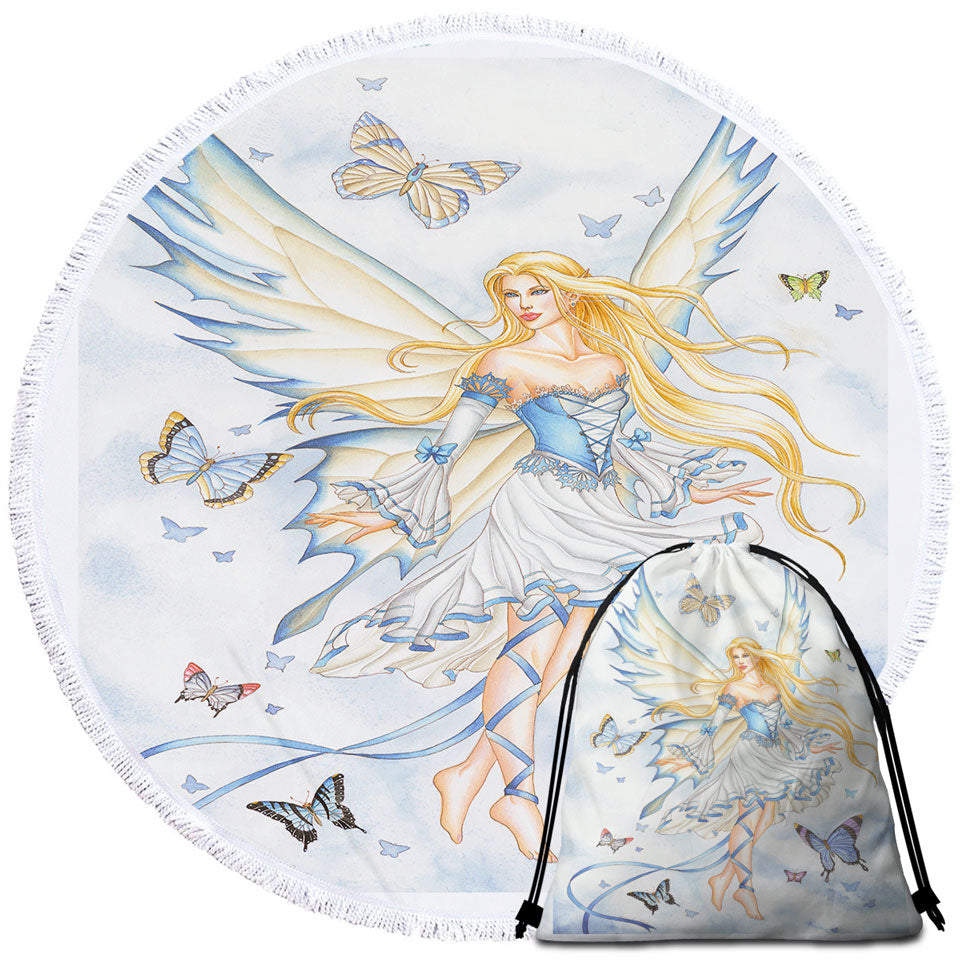 Fantasy Art Sky Blue Fairy and Butterflies Beach Towels and Bags Set