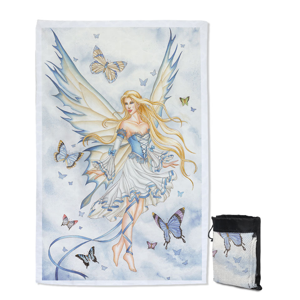 Fantasy Art Sky Blue Fairy and Butterflies Quick Dry Beach Towel