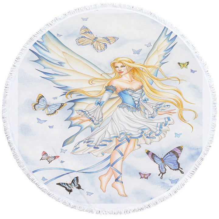 Fantasy Art Sky Blue Fairy and Butterflies Round Beach Towel