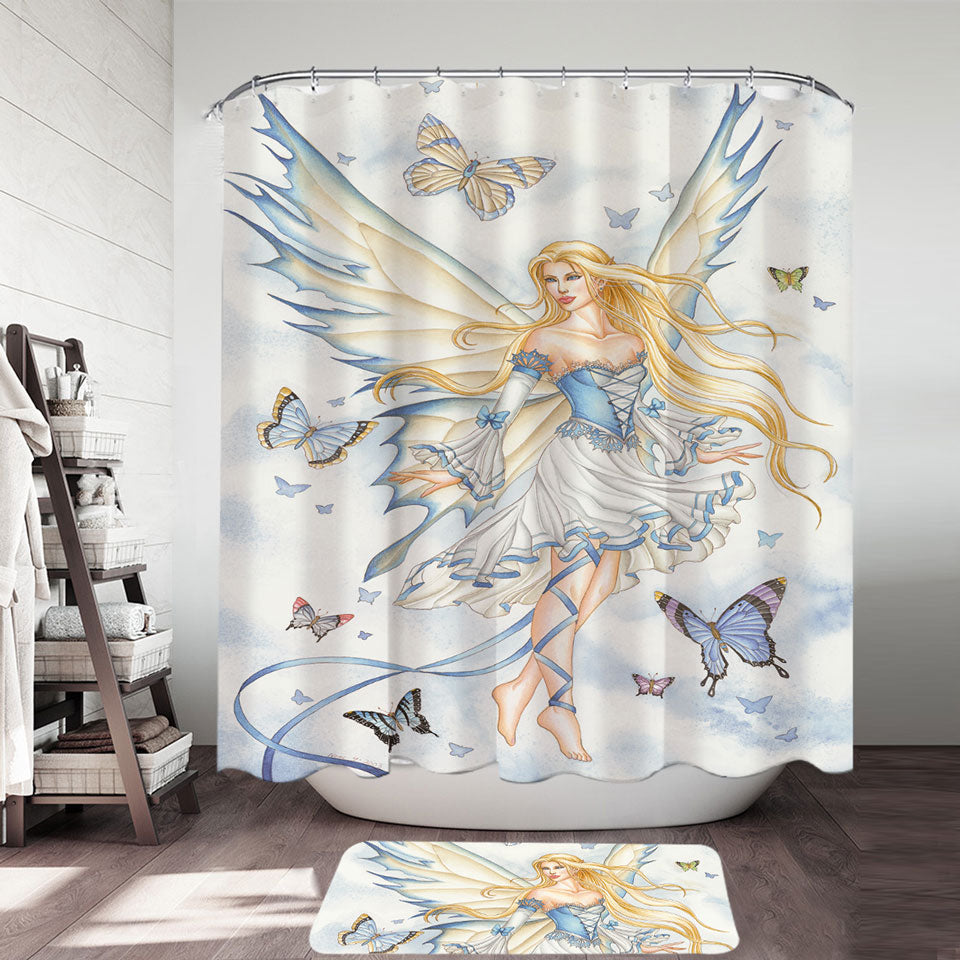 Fantasy Art Sky Blue Fairy and Butterflies Shower Curtain