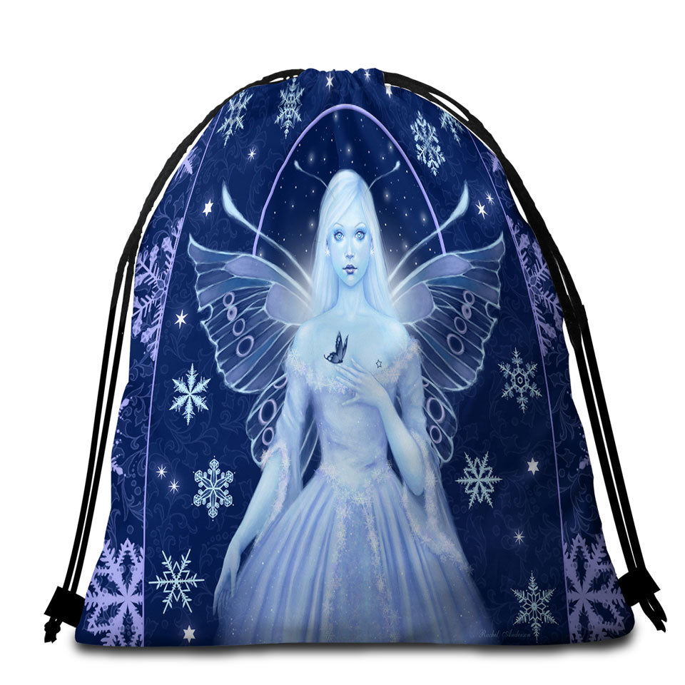 Fantasy Art Snowflakes and Stunning Snow Fairy Beach Towel Bags
