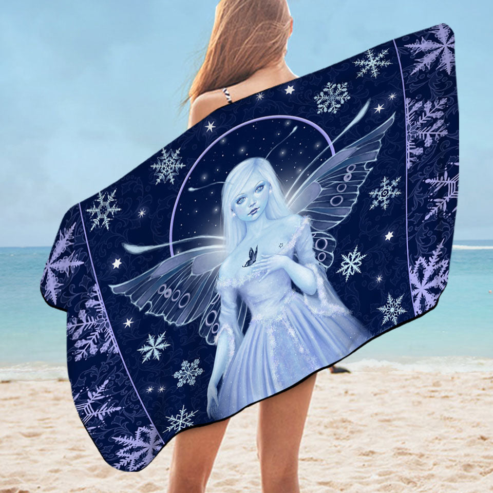 Fantasy Art Snowflakes and Stunning Snow Fairy Microfiber Beach Towel