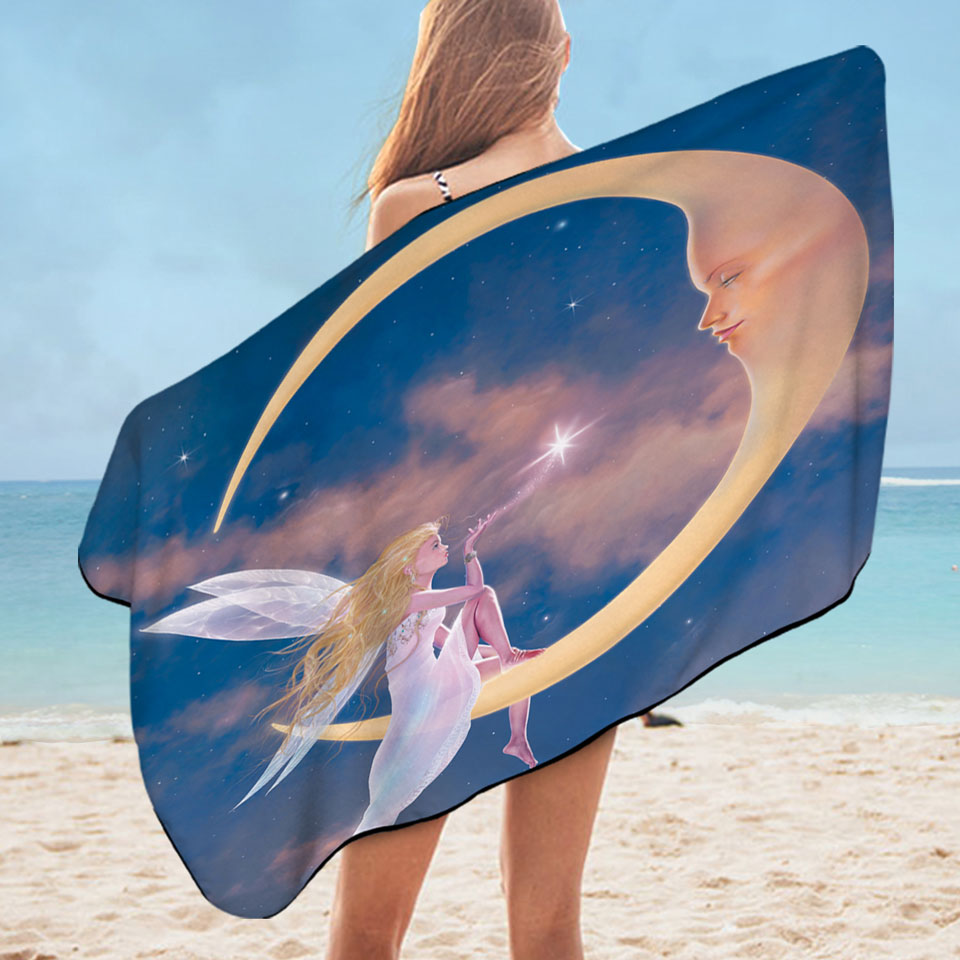 Fantasy Art Star Kiss Moon and Fairy Microfiber Beach Towel
