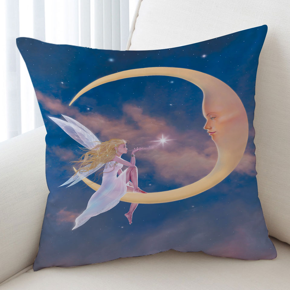 Fantasy Art Star Kiss Moon and Fairy Throw Pillow