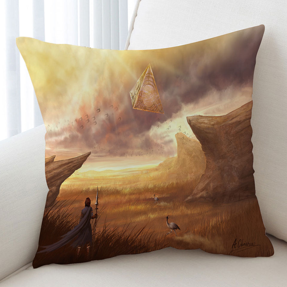 Fantasy Art Throw Pillow Hovering Pyramid above Warrior