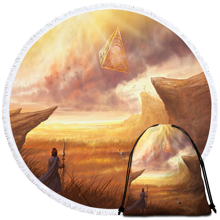 Fantasy Art Unique Beach Towels Hovering Pyramid above Warrior