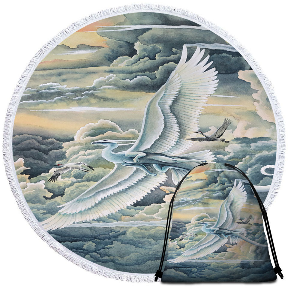 Fantasy Art Unique Beach Towels Soaring Wonders Storks and Dragon