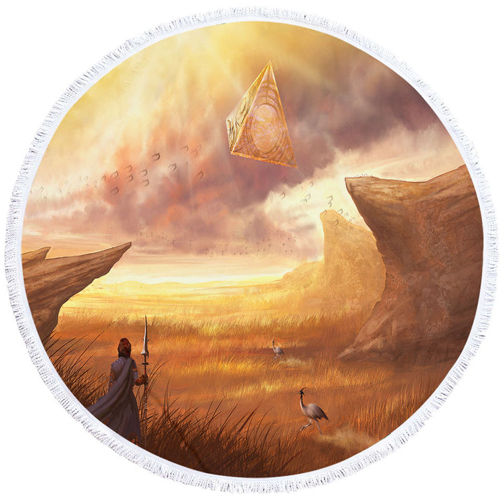 Fantasy Art Unusual Beach Towels Hovering Pyramid above Warrior