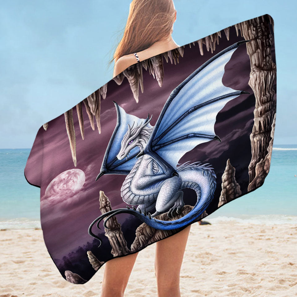 Fantasy Art Violet Stalactites Cave Dragon Beach Towels On Sale