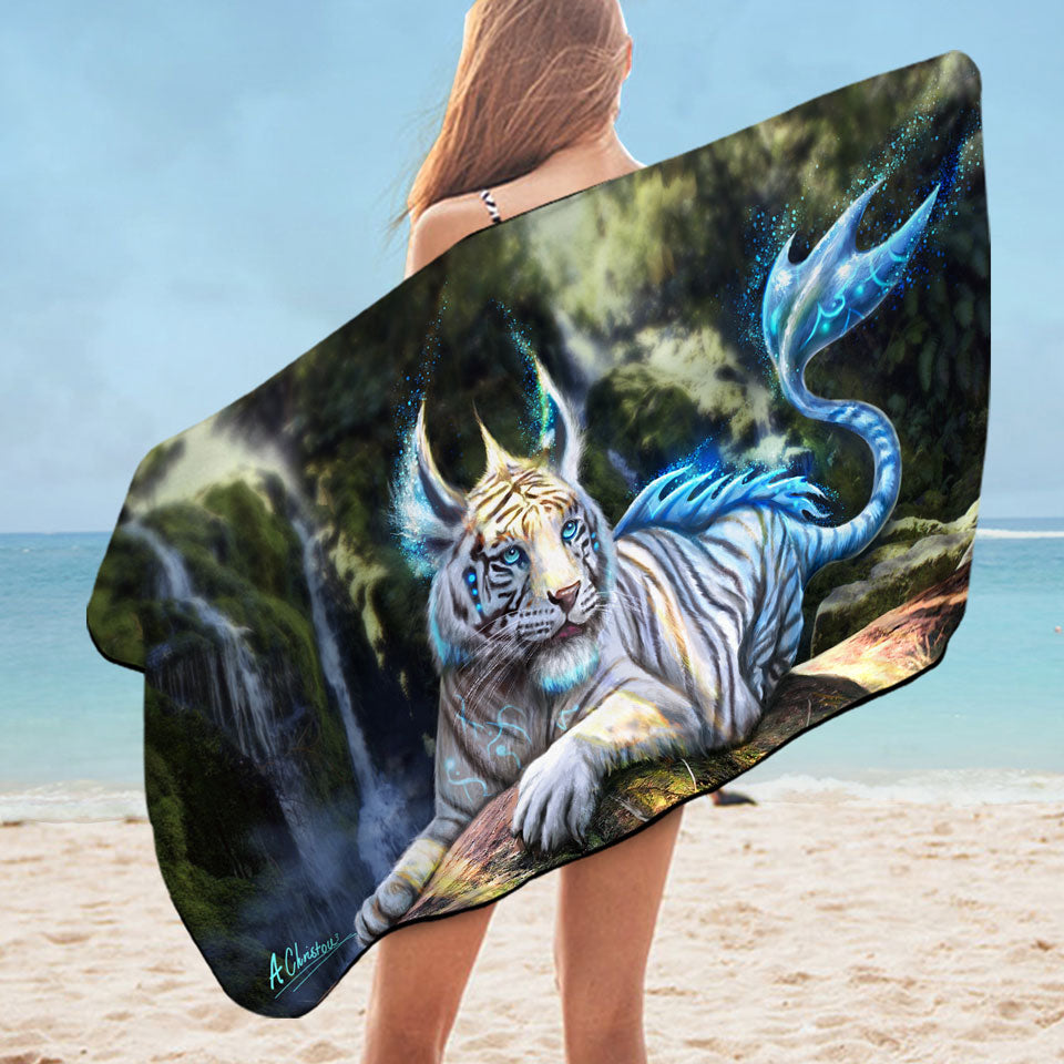 Fantasy Art White Nero Tiger Microfibre Beach Towels