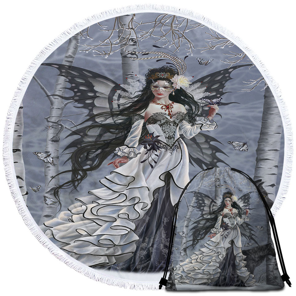 Fantasy Art Winter Fairy and Her Wolf Beach Towels