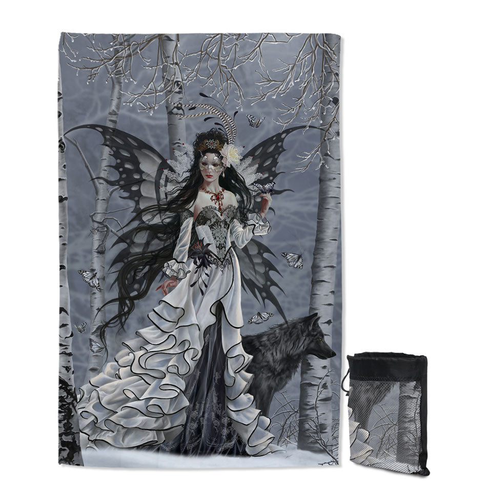 Fantasy Art Winter Fairy and Her Wolf Lightweight Beach Towel