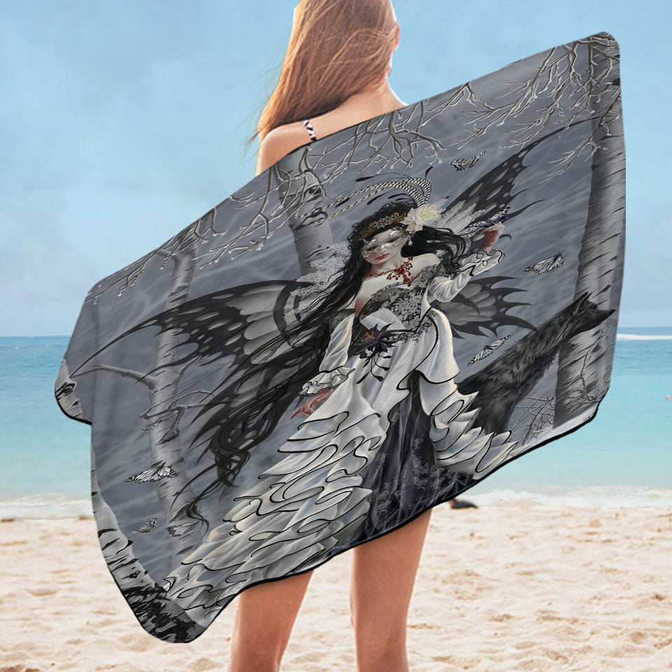 Fantasy Art Winter Fairy and Her Wolf Microfiber Beach Towel