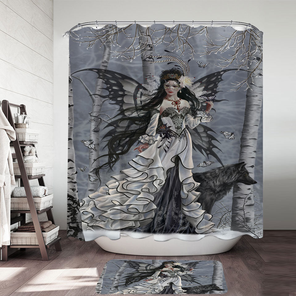 Fantasy Art Winter Fairy and Her Wolf Shower Curtain