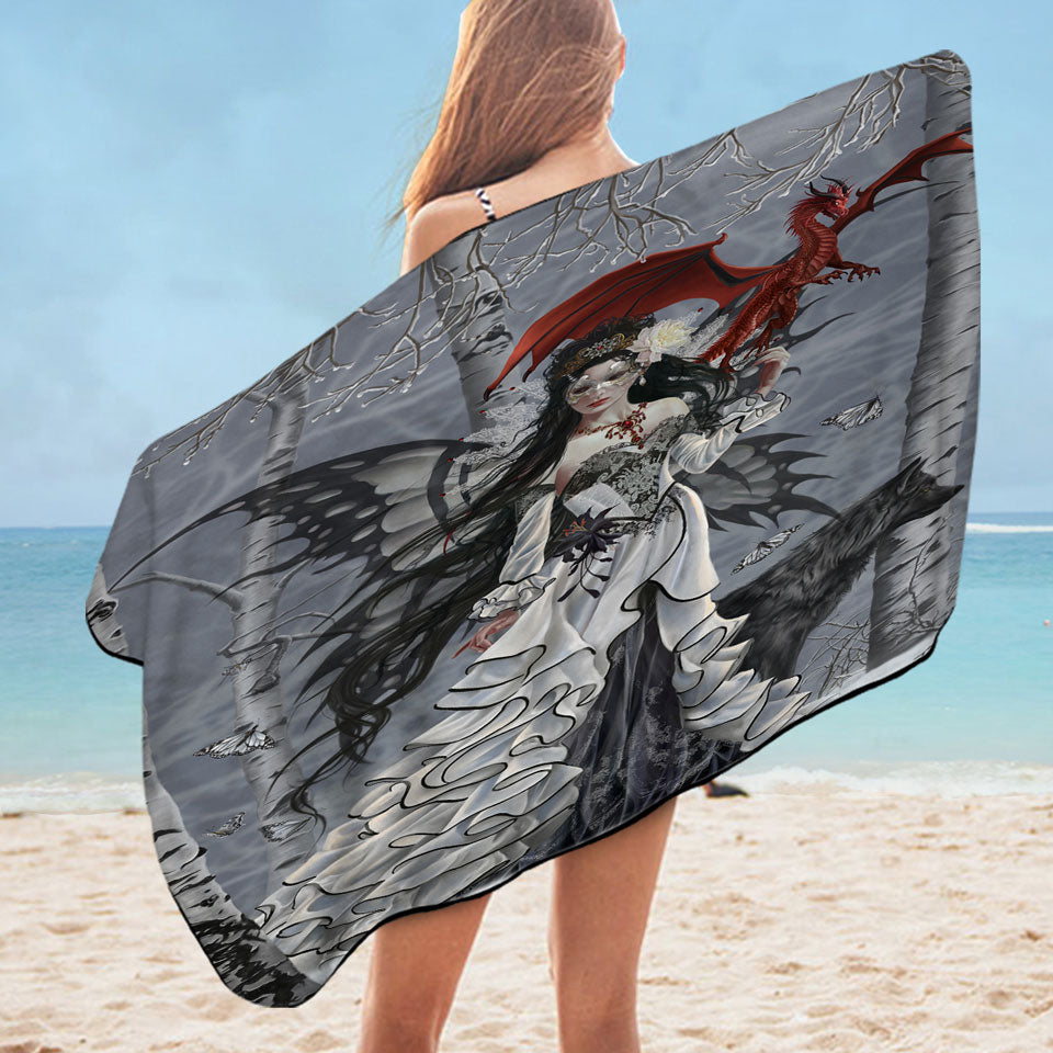 Fantasy Art Winter Fairy and Her Wolf and Dragon Beach Towel