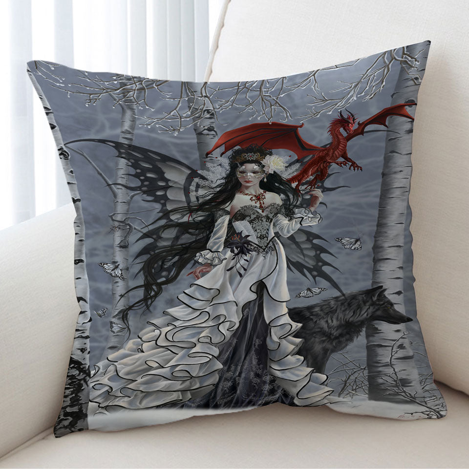 Fantasy Art Winter Fairy and Her Wolf and Dragon Cushion Cover