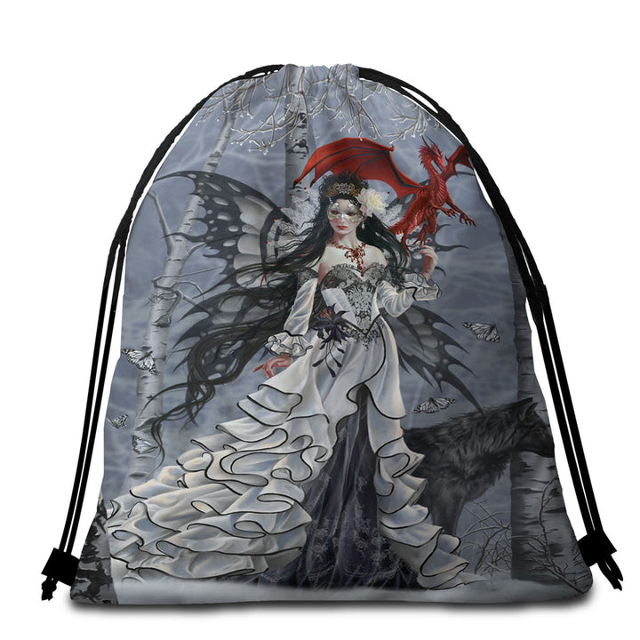 Fantasy Art Winter Fairy and Her Wolf and Dragon Packable Beach Towel