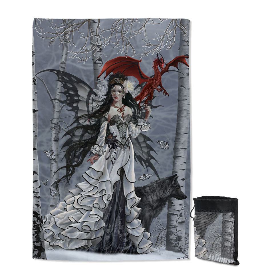 Fantasy Art Winter Fairy and Her Wolf and Dragon Quick Dry Beach Towel