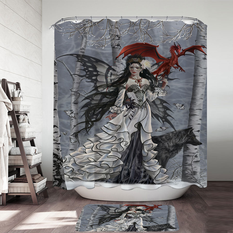 Fantasy Art Winter Fairy and Her Wolf and Dragon Shower Curtain