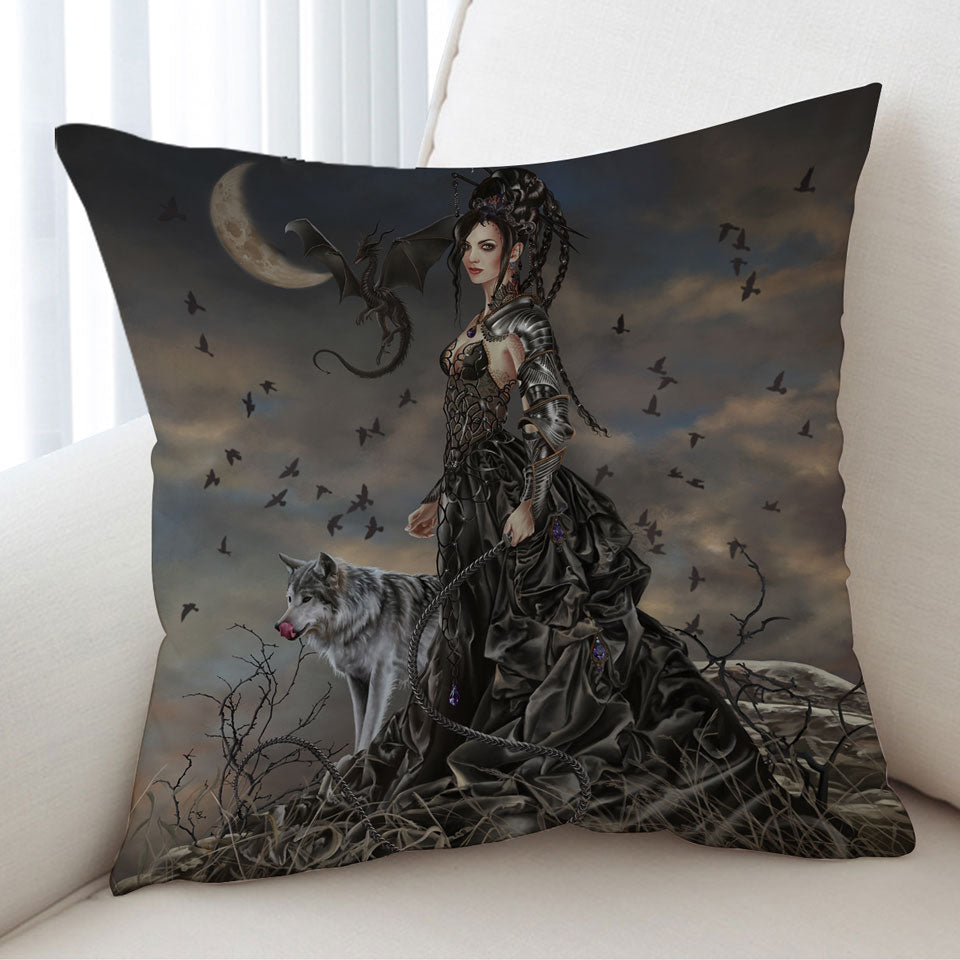 Fantasy Art Wolf Dragon and Bella the Dark Princess Cushion Covers