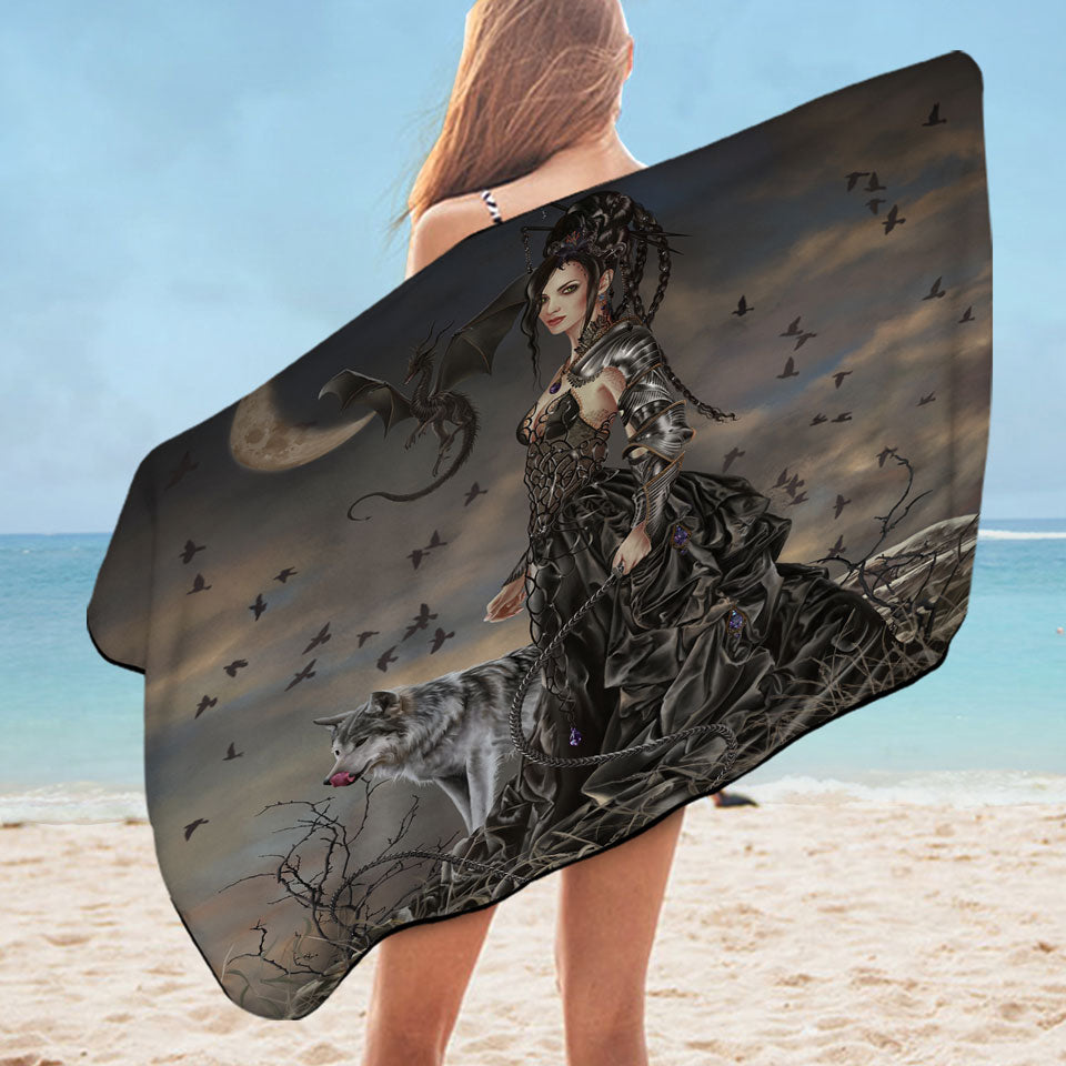 Fantasy Art Wolf Dragon and Bella the Dark Princess Microfiber Beach Towel