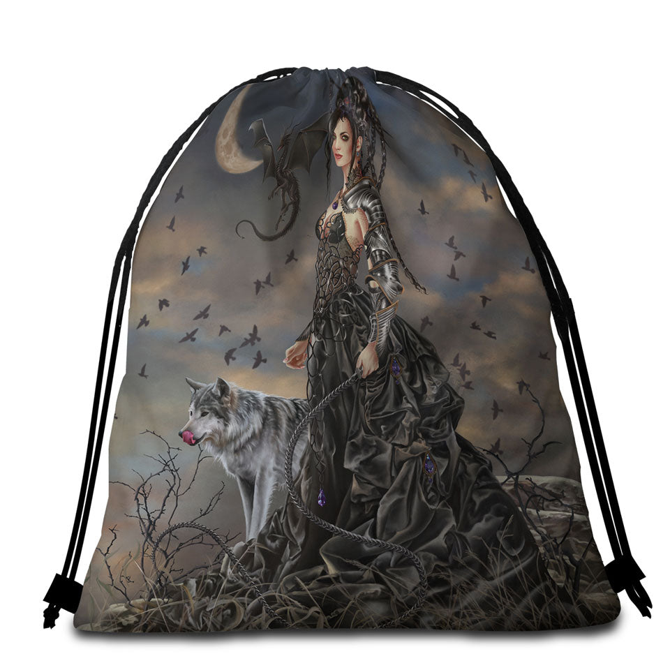 Fantasy Art Wolf Dragon and Bella the Dark Princess Packable Beach Towel