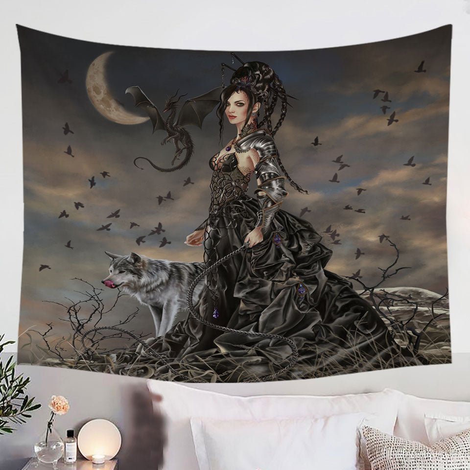 Fantasy-Art-Wolf-Dragon-and-Bella-the-Dark-Princess-Wall-Decor-Tapestry-Prints
