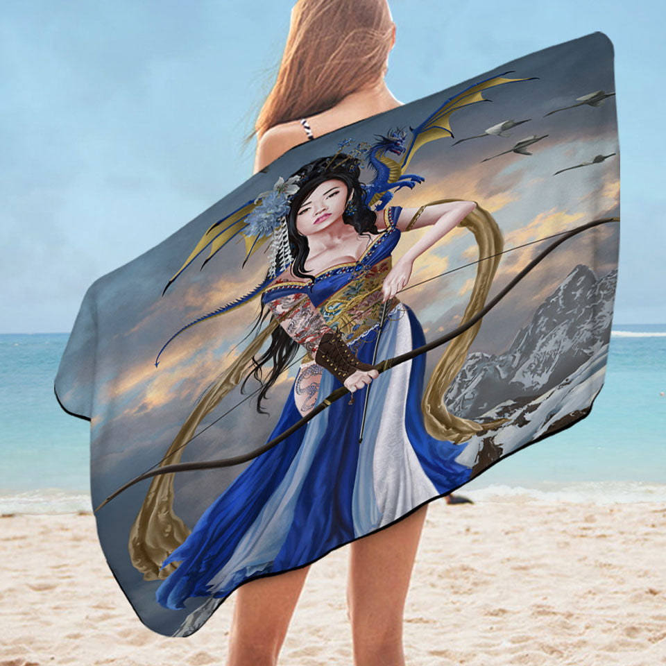Fantasy Art Yukikaze Beautiful Japanese Archer Girl Beach Towels