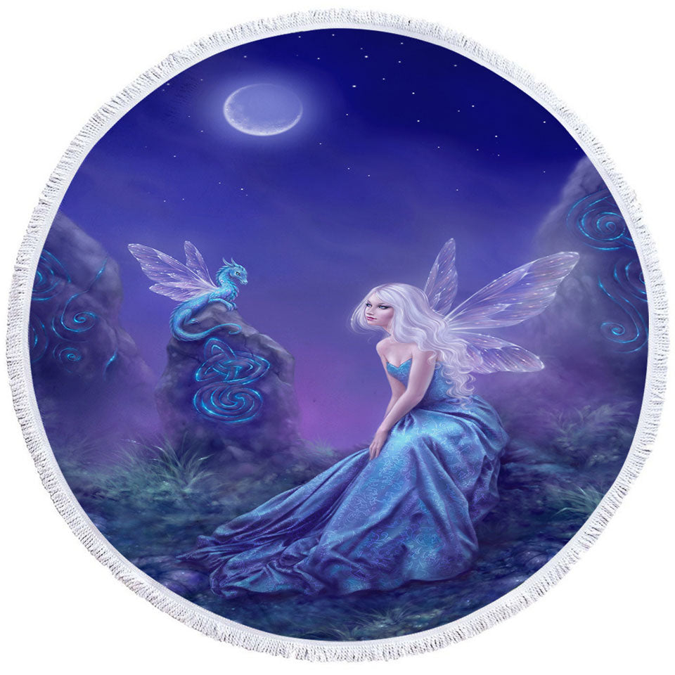 Fantasy Art the Moon Light Blue Dragon Fairy Round Towel for Cool Girls