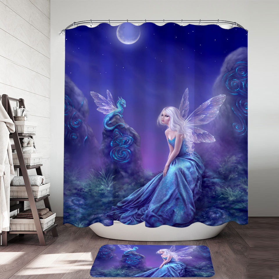 Fantasy Art the Moon Light Blue Dragon Fairy Shower Curtain for Cool Girls Bathroom