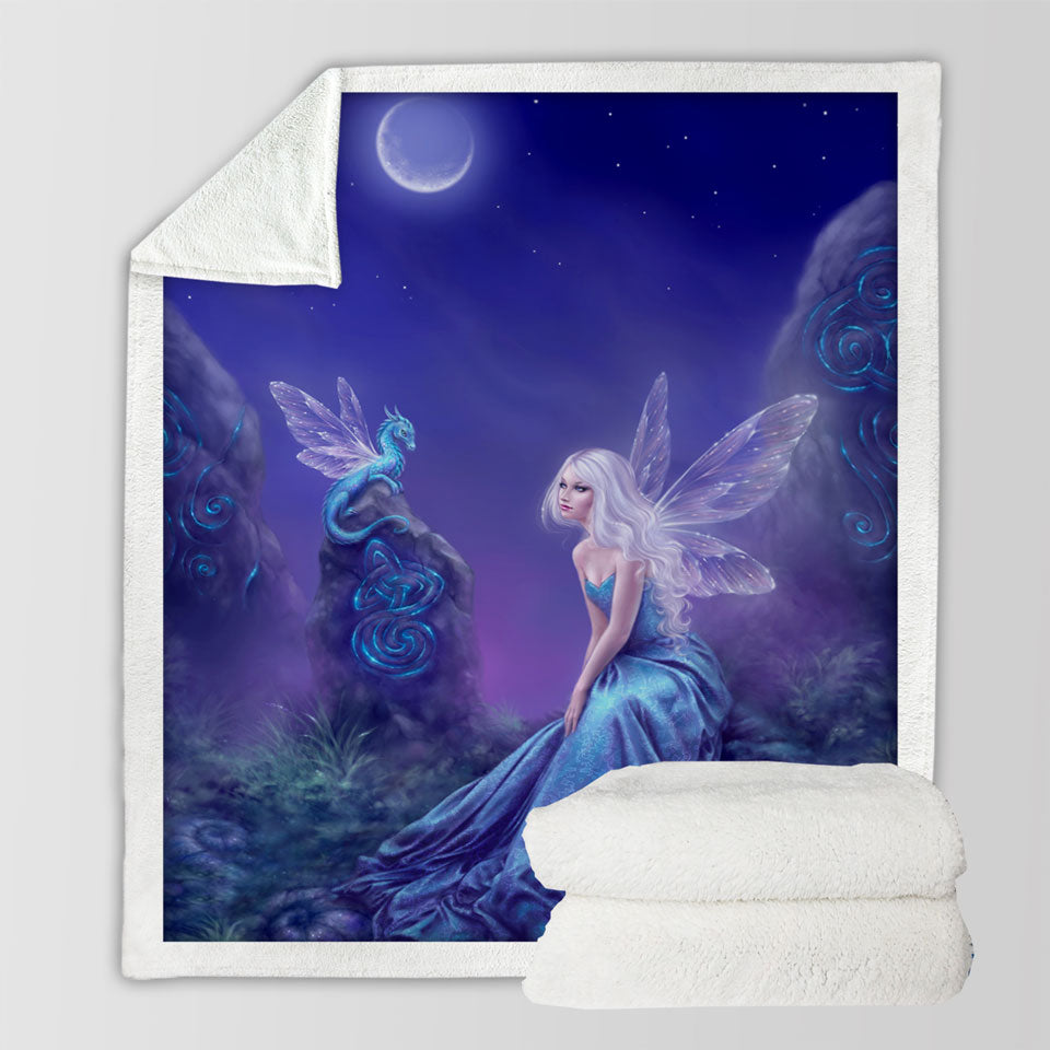 Fantasy Art the Moon Light Blue Dragon Fairy Throw Blankets for Cool Girls