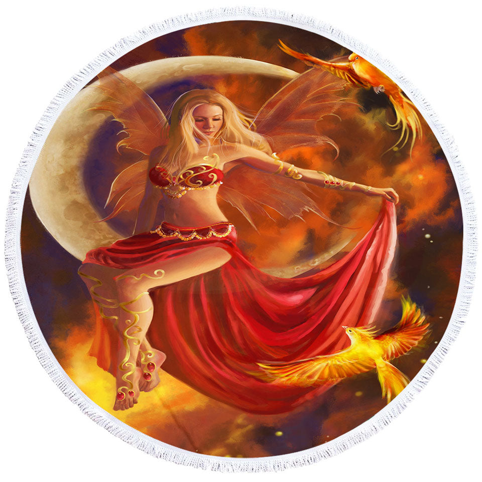 Fantasy Art the Red Fire Moon Fairy Round Beach Towel