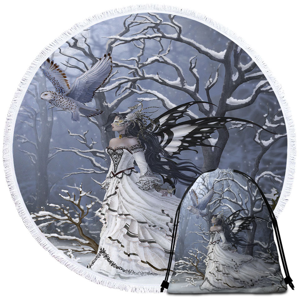 Fantasy Artwork Fairy the Queen of Owls Round Beach Towel