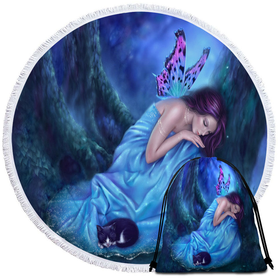 Fantasy Artwork Serenity Sleeping Cat and Butterfly Girl Beach Towels