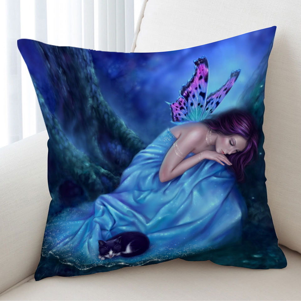 Fantasy Artwork Serenity Sleeping Cat and Butterfly Girl Cushion Covers