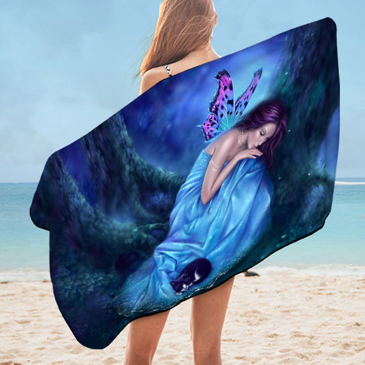Fantasy Artwork Serenity Sleeping Cat and Butterfly Girl Microfiber Beach Towel