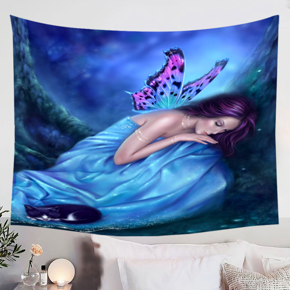 Fantasy-Artwork-Serenity-Sleeping-Cat-and-Butterfly-Girl-Wall-Decor-Tapestry