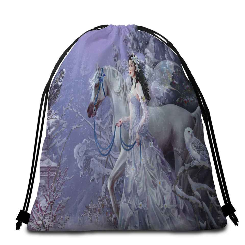 Fantasy Beach Bags for Towels Horse Owls and the Winter Wings Fairy