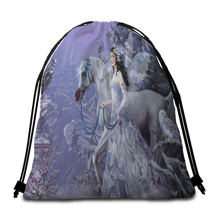 Fantasy Beach Bags for Towels Horse Owls and the Winter Wings Fairy