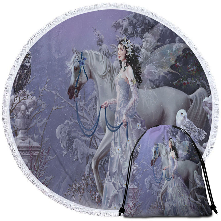 Fantasy Beach Towels Horse Owls and the Winter Wings Fairy