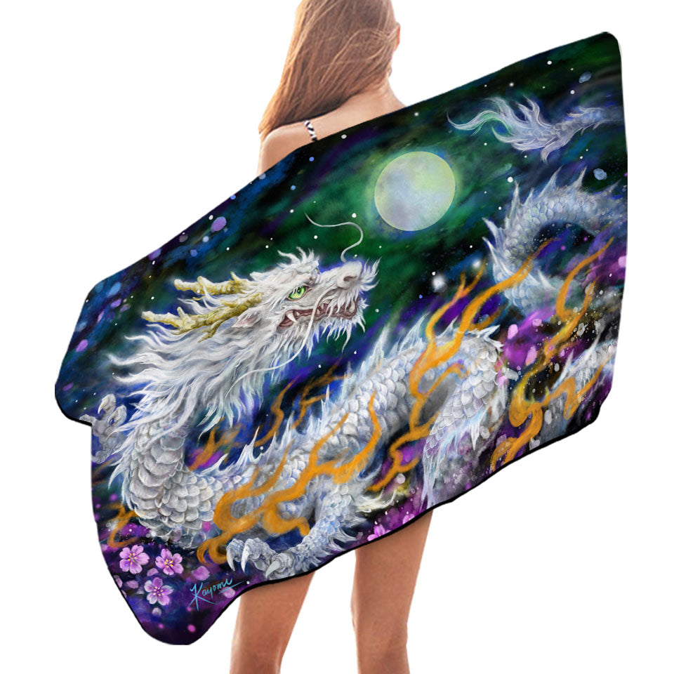 Fantasy Beach Towels Space White Dragon and The Moon