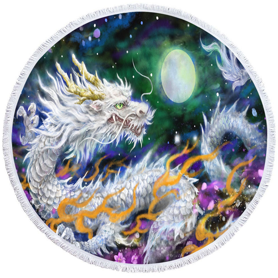 Fantasy Big Beach Towels Space White Dragon and The Moon