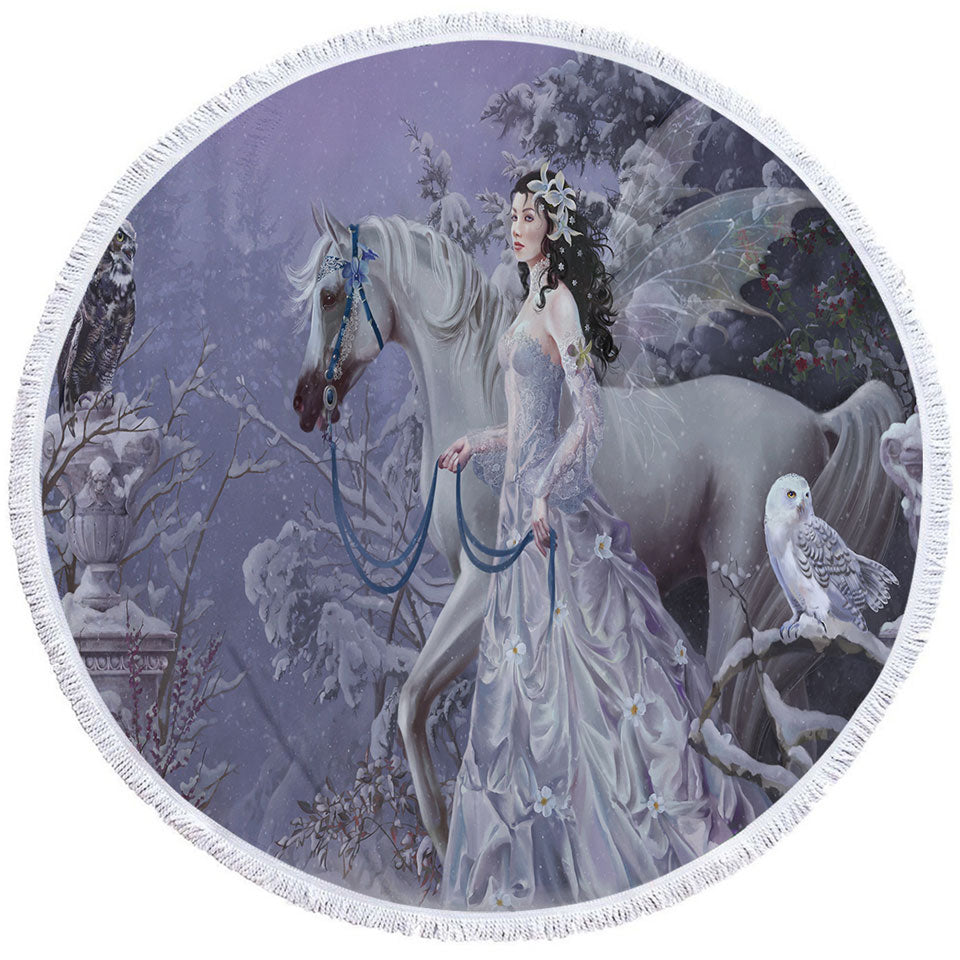 Fantasy Circle Beach Towel Horse Owls and the Winter Wings Fairy